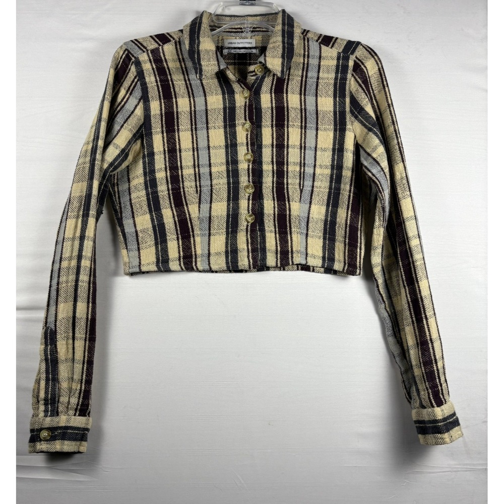 Urban Outfitters women Cropped button up plaid ivory/brown/blue Jacket  Medium‎